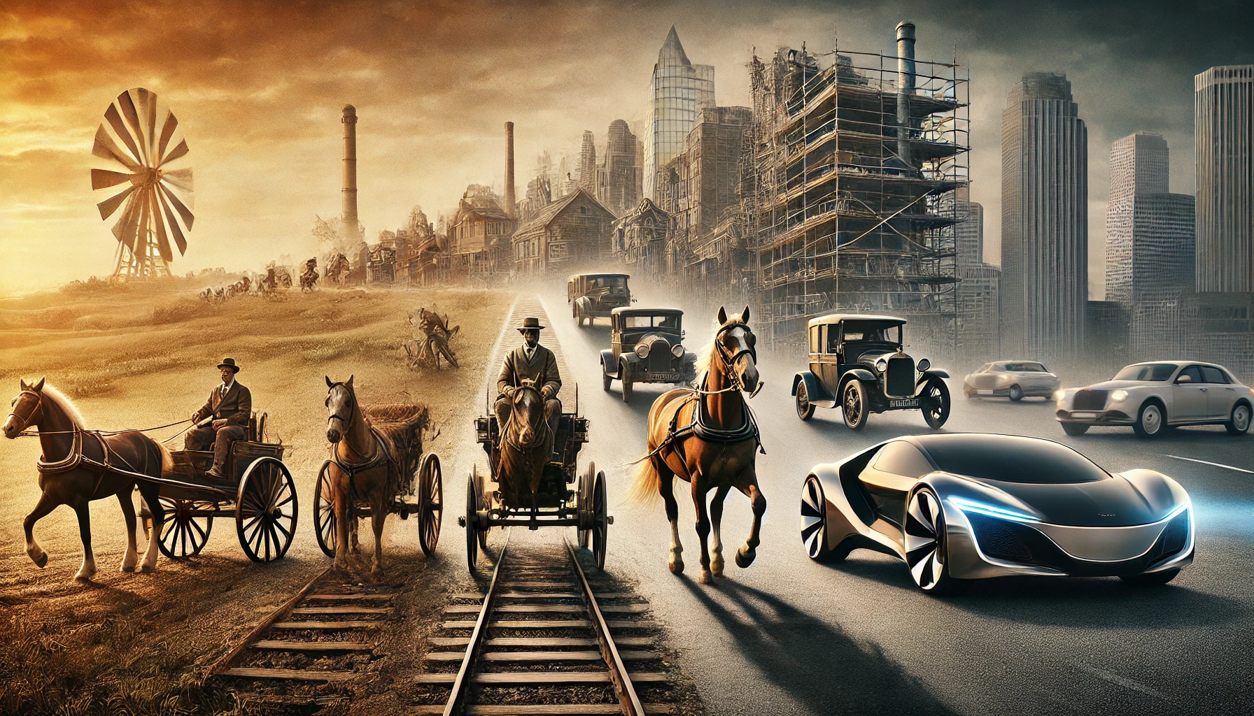 DALL·E 2024-08-03 14.12.35 – A detailed image showcasing the significant evolution from horses and wheels to modern cars. The scene features a timeline-like progression from left DALL·E 2024-08-03 14.12.35 - A detailed image showcasing the significant evolution from horses and wheels to modern cars. The scene features a timeline-like progression from left