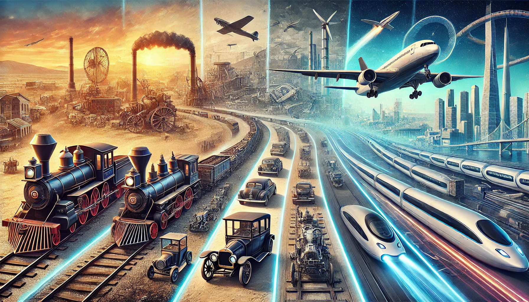 DALL·E 2024-08-03 14.12.55 – A detailed image showcasing the evolution in transport, from the invention of trains to planes and beyond. The scene features a timeline-like progress DALL·E 2024-08-03 14.12.55 - A detailed image showcasing the evolution in transport, from the invention of trains to planes and beyond. The scene features a timeline-like progress